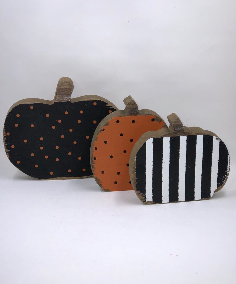 3 Wood Block Pumpkin Figure Signs Black White Orange Polka Dots Stripes Pumpkins